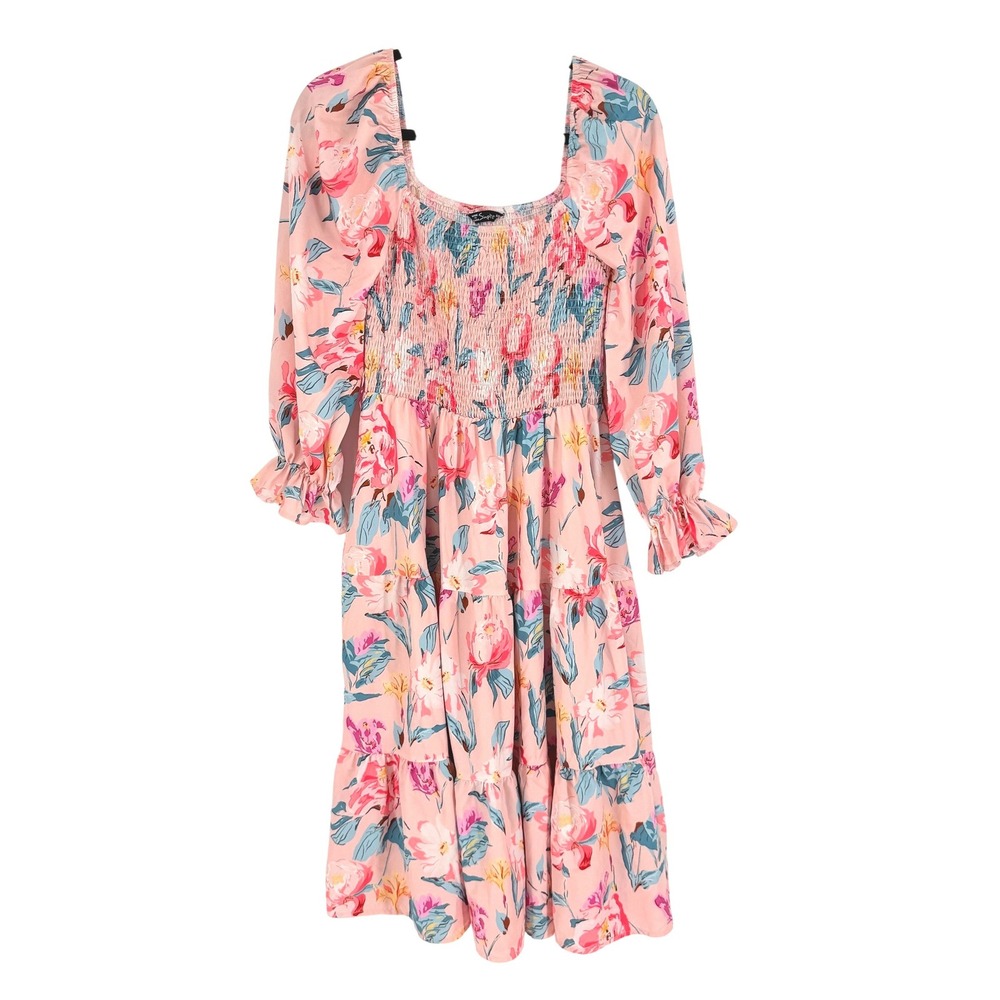 Pastel Pink Floral Smocked Tiered Midi Dress Long‎ Sleeve Peasant Cottagecore L